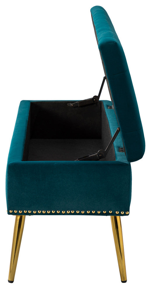 Button-tufted Storage Bench with Nailhead Trim, Teal