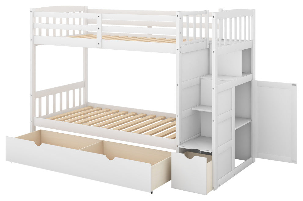 Twin over Full Bunk Bed with Storage Shelves and Drawers, White