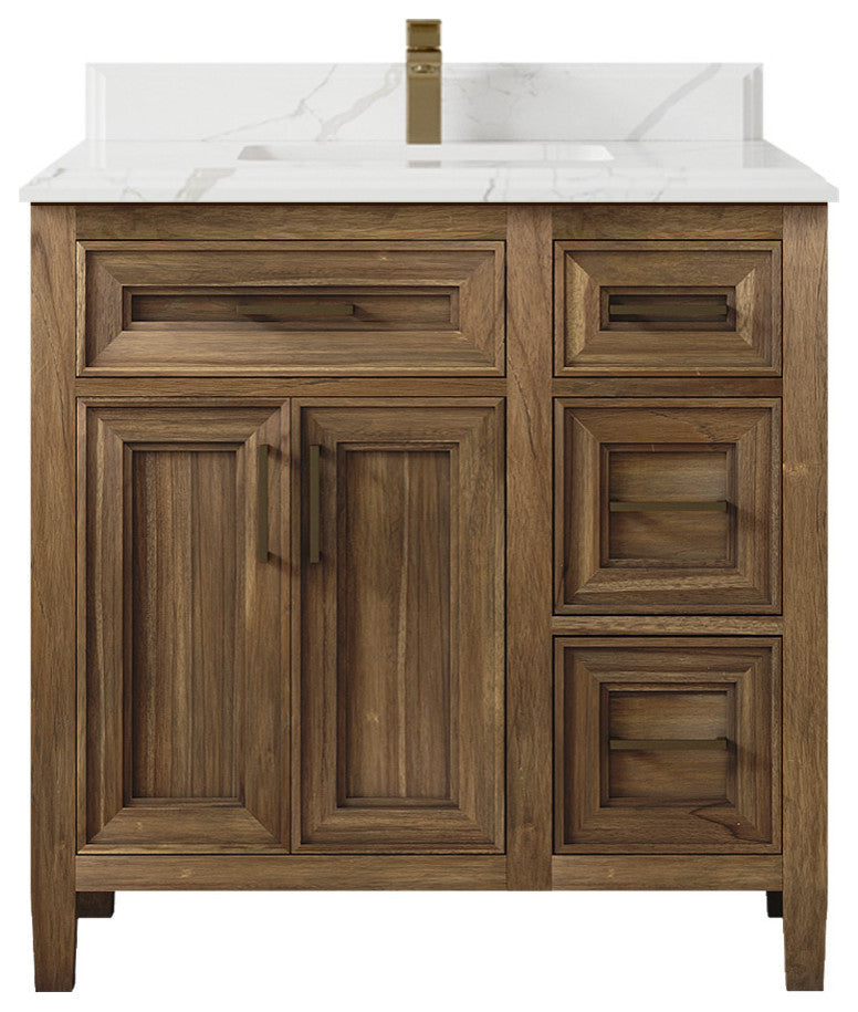 Santa Monica 36 Center Sink Bath Vanity in Graywashed Teak 1.5" Calacatta Laza
