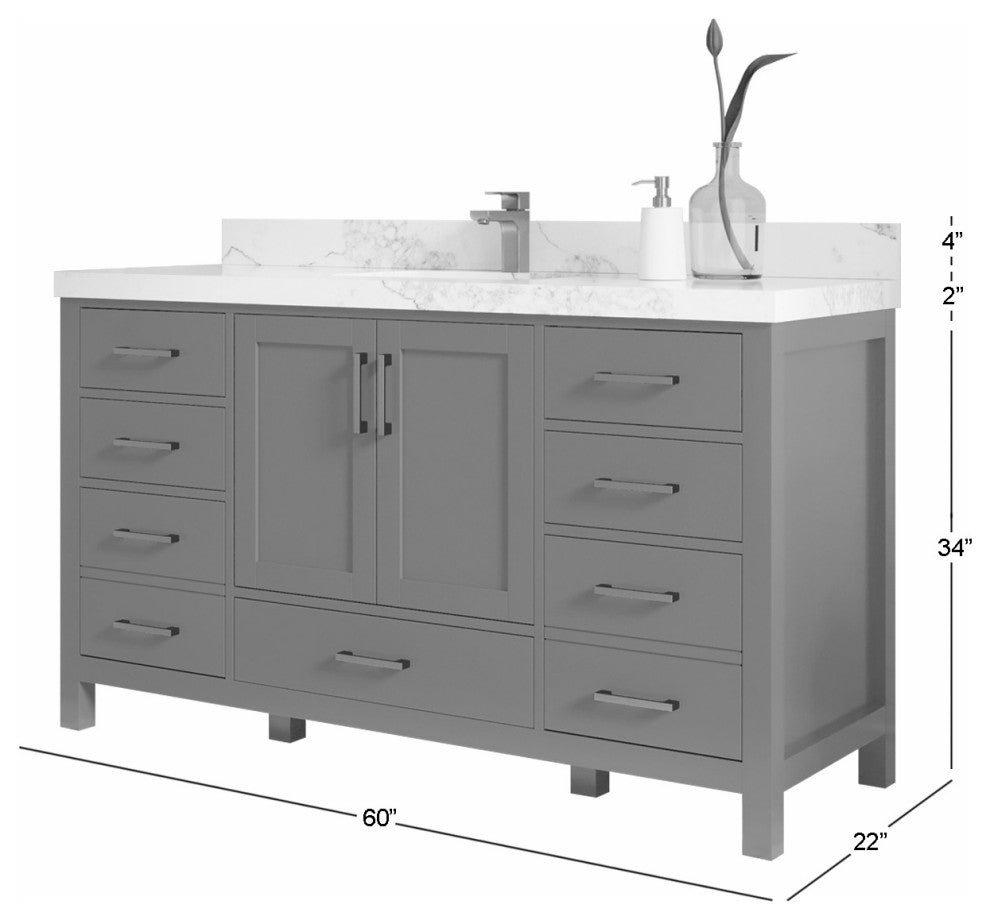 Malibu 60 Single Sink Vanity in Elephant Skin Gray 2" Calacatta Poanazzo