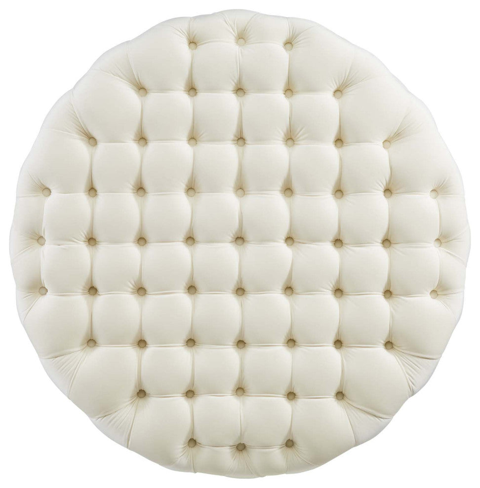 Round Ottoman Accent Tufted Chair, Ivory White, Velvet, Modern, Hospitality