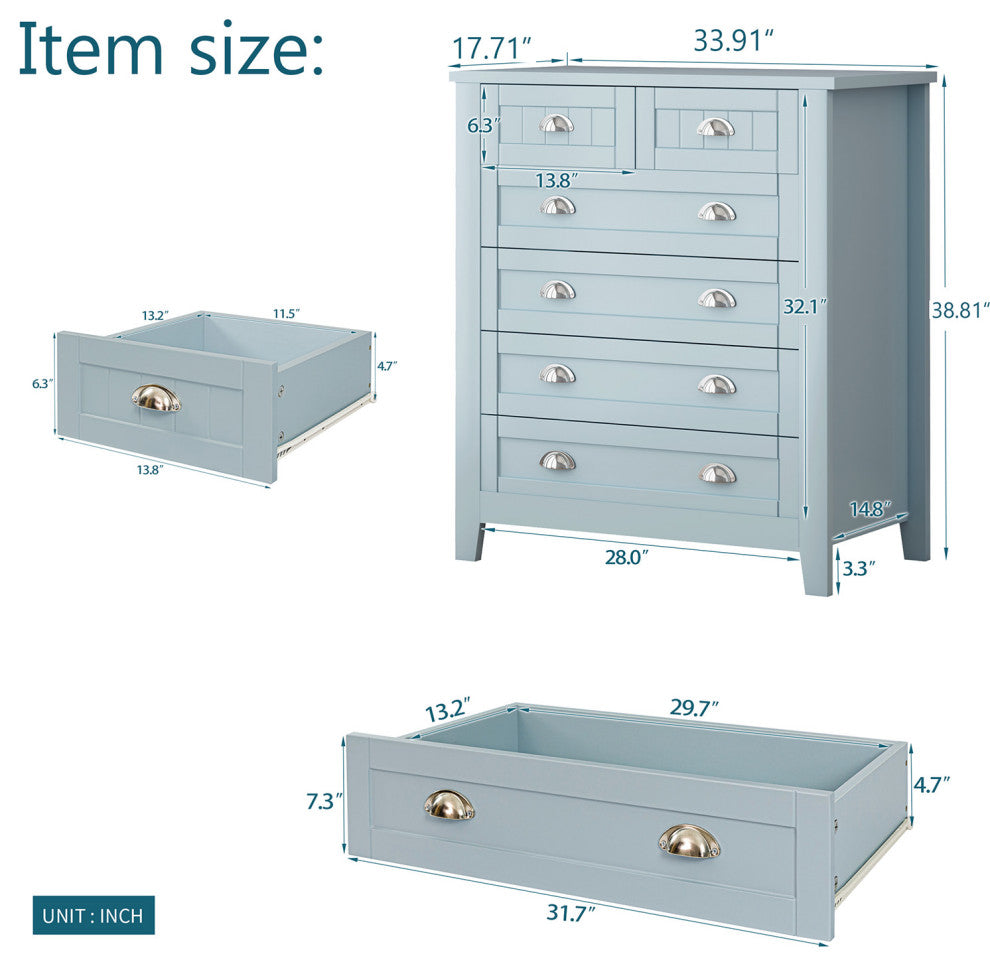 Blue-Gray Cabinet Dresser With 6 Drawers-A