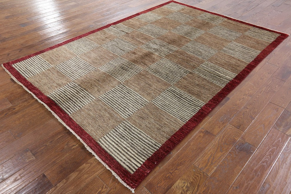 Shades of Brown Hand Knotted Checkered Super Fine Gabbeh Wool 6x9 Area Rug H6933