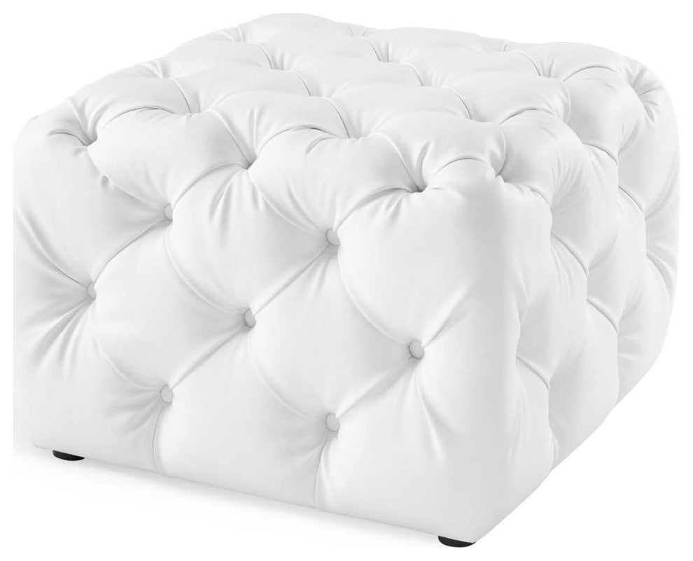 Tufted Accent Chair Ottoman, Square, Faux Leather, White, Modern, Lounge