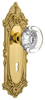 Victorian Plate With Round Clear Crystal Knob, Polished Brass
