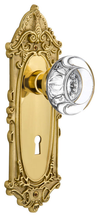 Victorian Plate With Round Clear Crystal Knob, Polished Brass