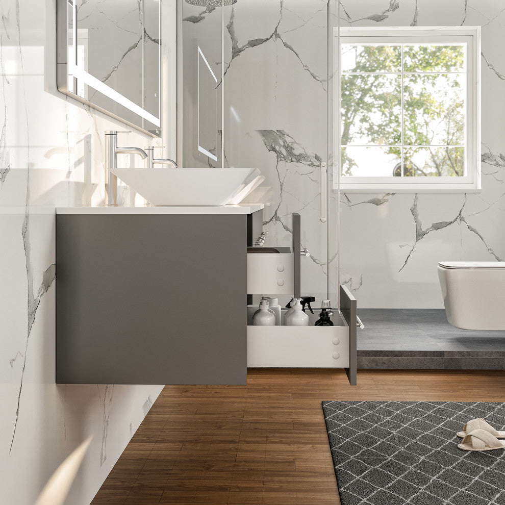 Totti Wave 60"Gray Modern Double Sink Vanity with White Glassos Countertop, 60"