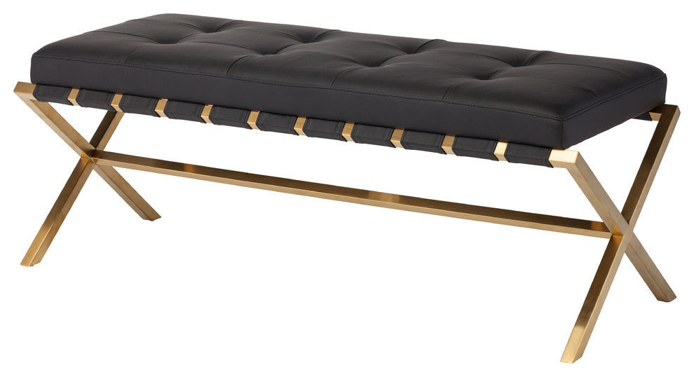 Auguste Bench in Brushed Gold Stainless Steel Frame, Black, Large