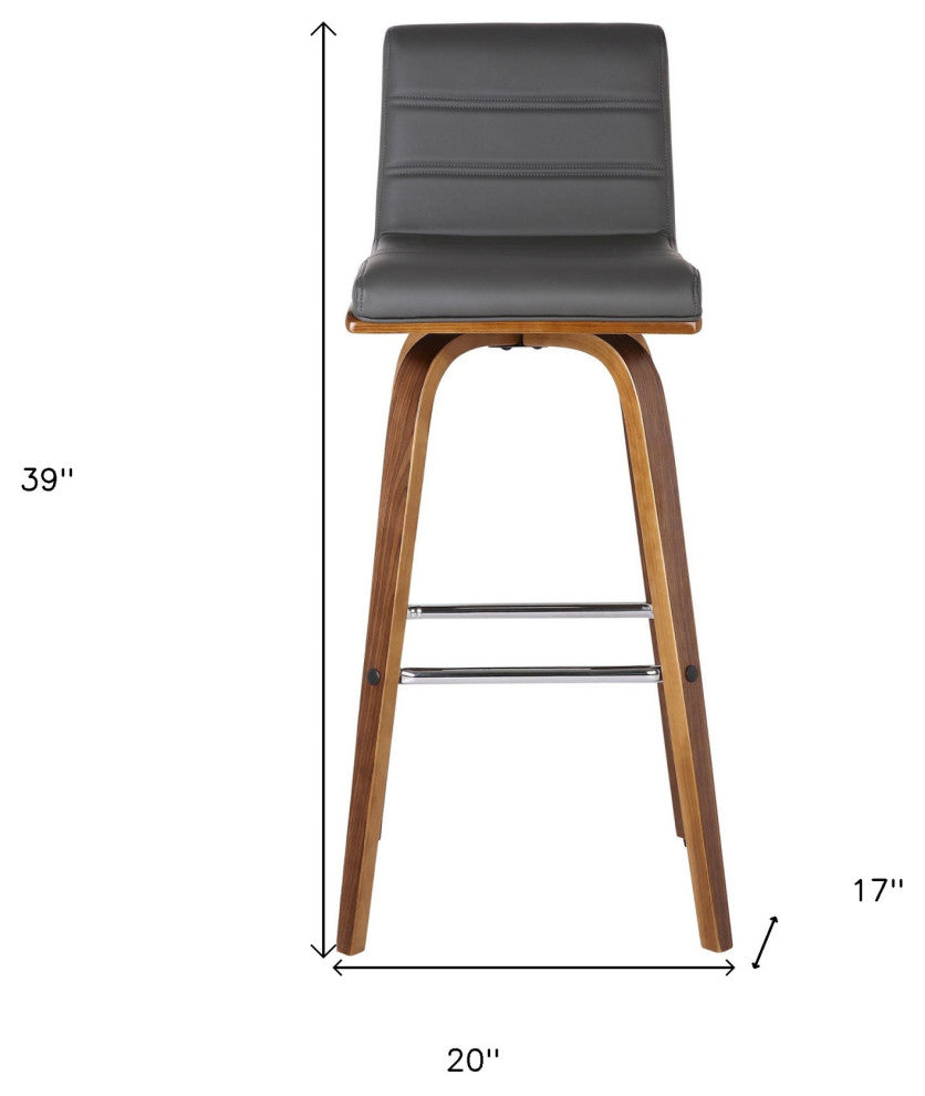 30" Gray Brown Faux Leather Solid Wood Low Back Bar Height Swivel Bar Chair