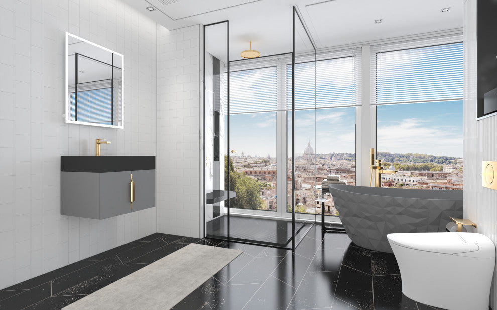 CastelloUSA Amazon 24" Wall Mounted Bathroom Vanity Set, Gray, Black Top, Gold