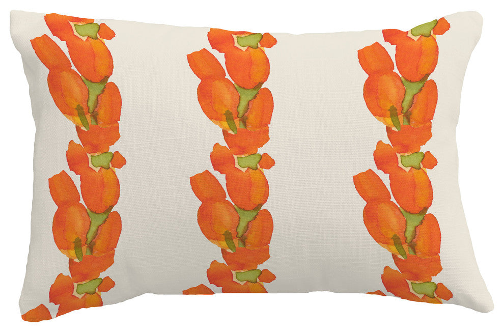 Sunset Tulip Stripe Floral Print Pillow With Linen Texture, Orange, 14"x20"