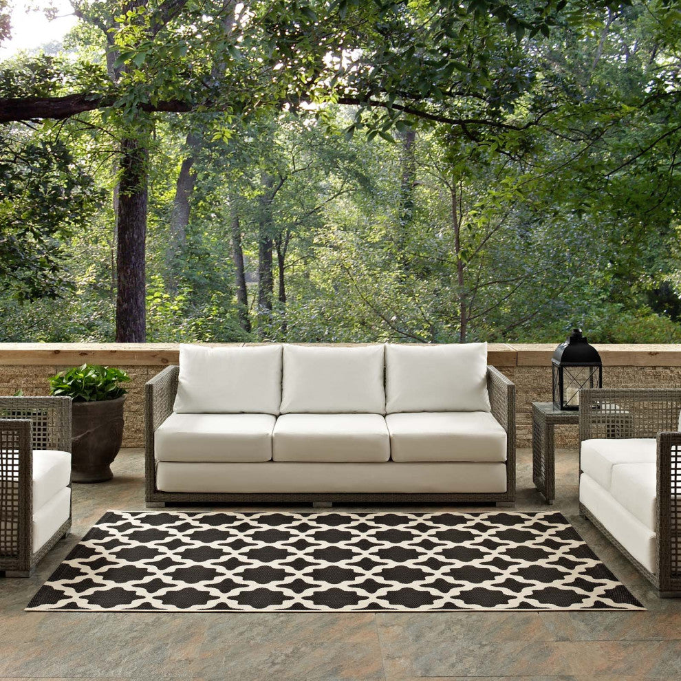 Cerelia Moroccan Trellis 9x12 Indoor and Outdoor Area Rug, Black and Beige