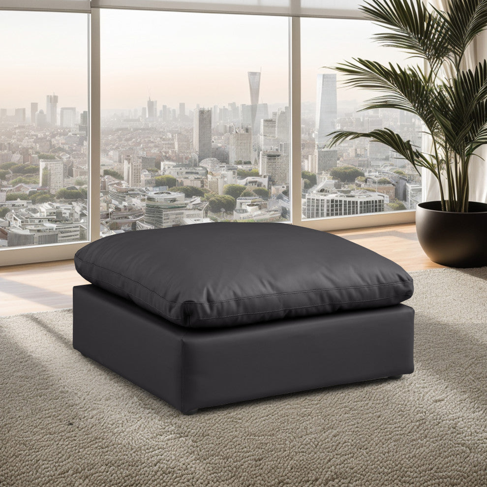 Comfy Beige Linen Textured Fabric Modular Chair, Black, Vegan Leather, Ottoman
