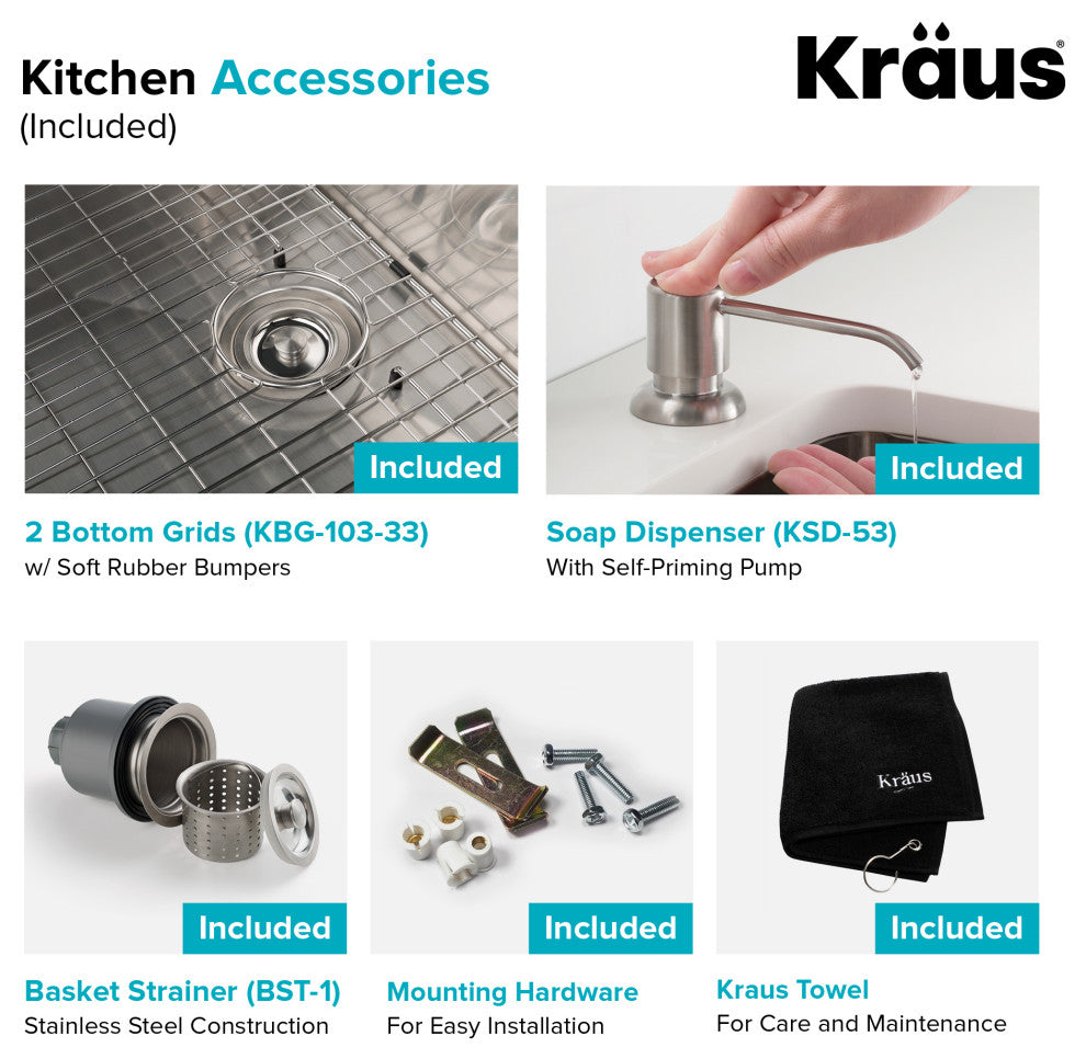 33" Undermount Stainless Steel Kitchen Sink, Pull-Down Faucet SS, Dispenser