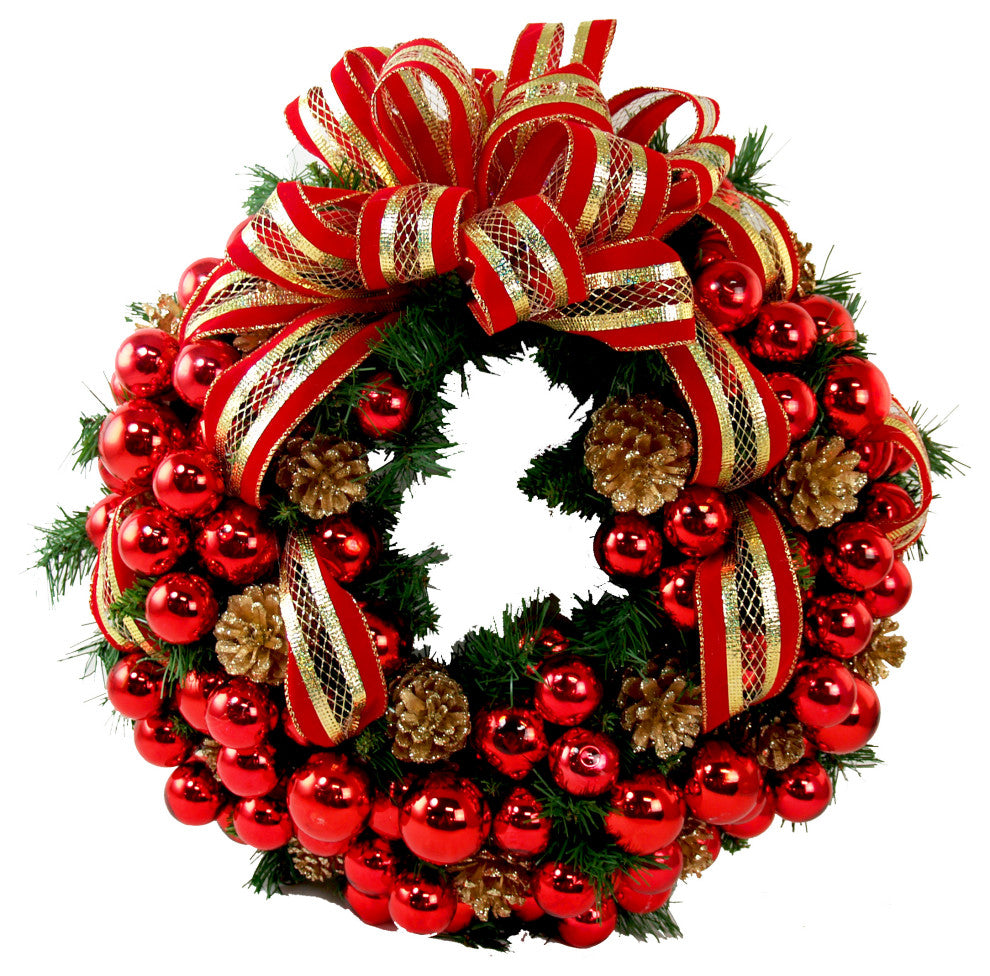 26" Evergreen Wreath with Berries, Pinecones, Ornaments and a Bow, Red