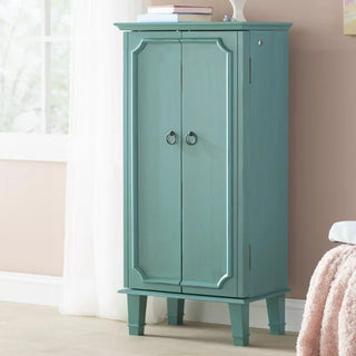 Locking Jewelry Armoire with French Doors Mirror and Seven Storage Drawers, Blue