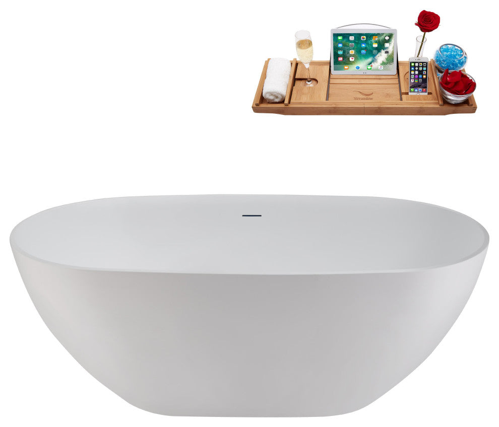 59" Streamline NS5860CH Matte White Stone Resin Bathtub, Tray With Chrome Drain
