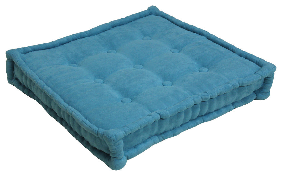 25" Square Corder Floor Pillow with Button Tufts, Aqua Blue