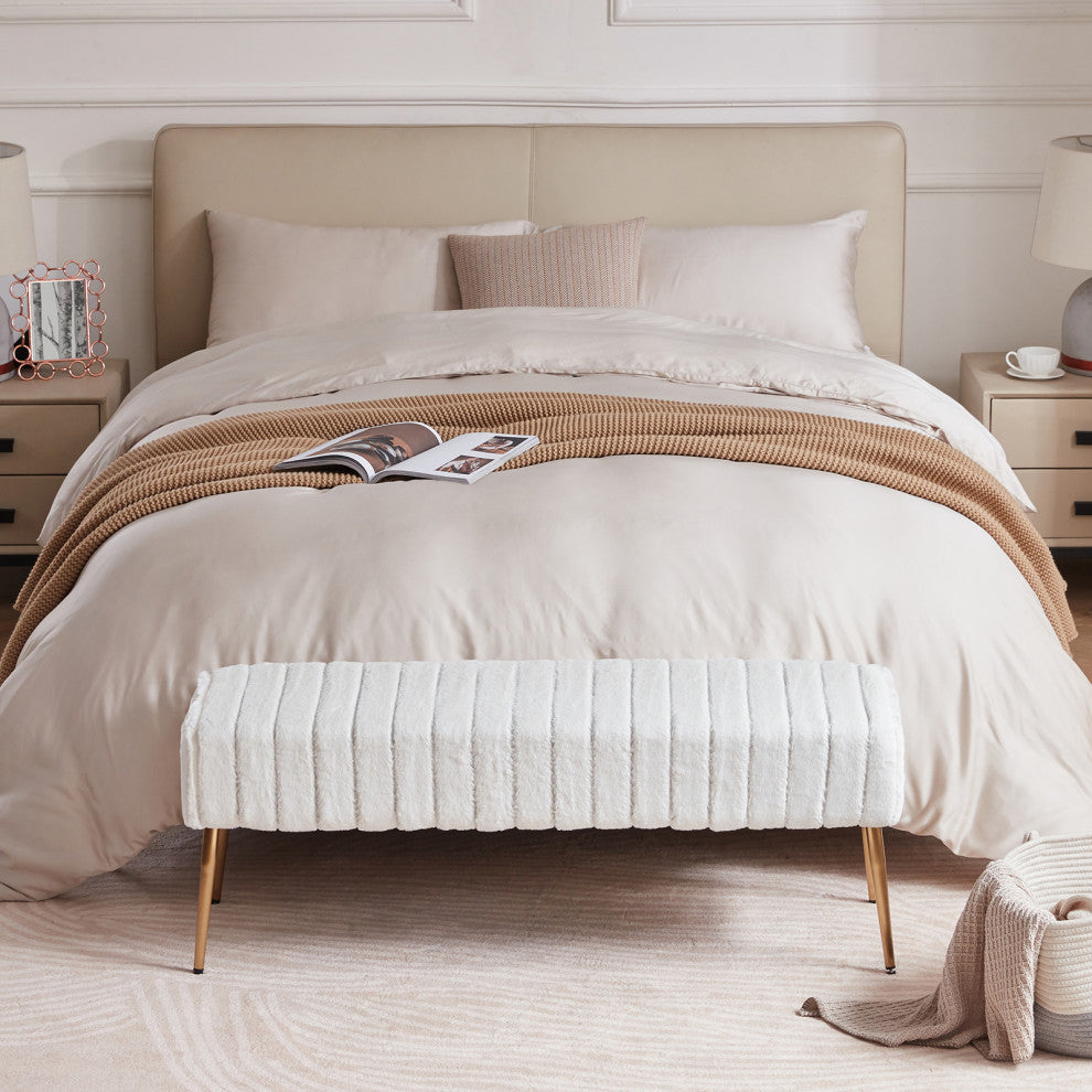 Channel Quilted Faux Fur Bedroom Bench, White