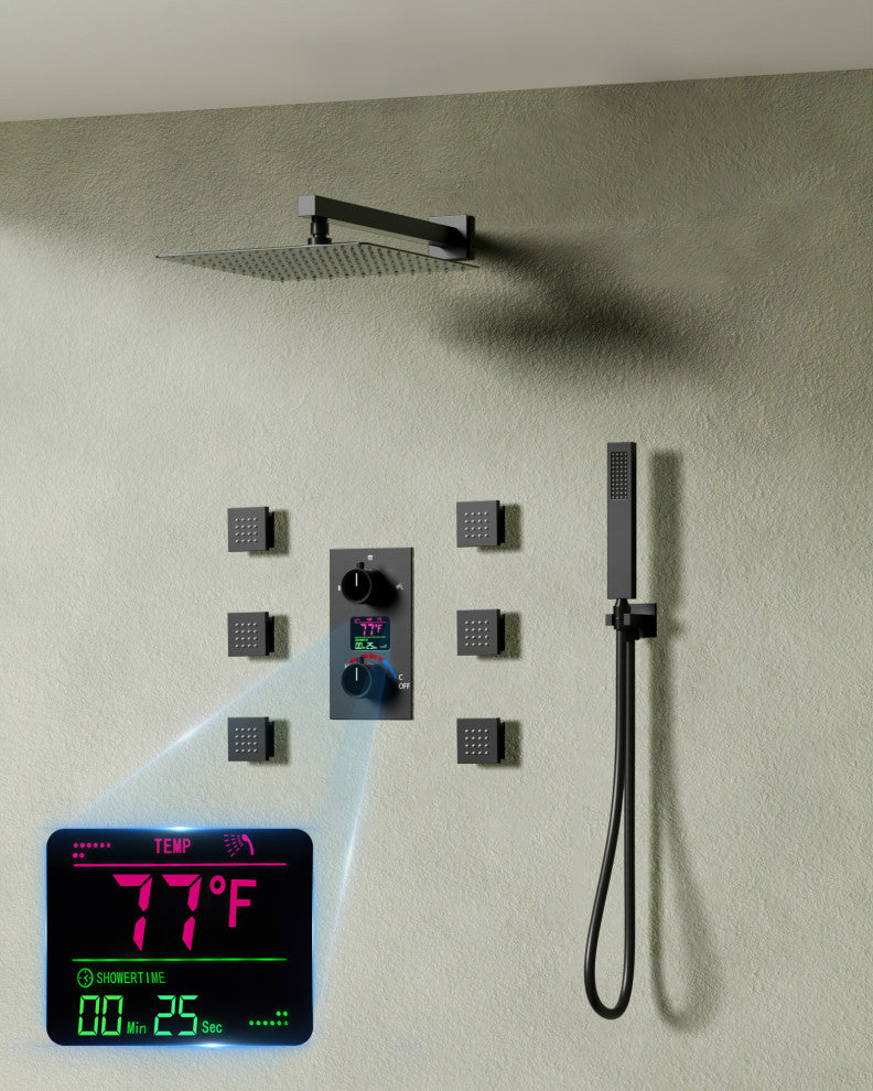 LED Temperature Digital Display Shower System With Body Jets, Matte Black, 12 Inches