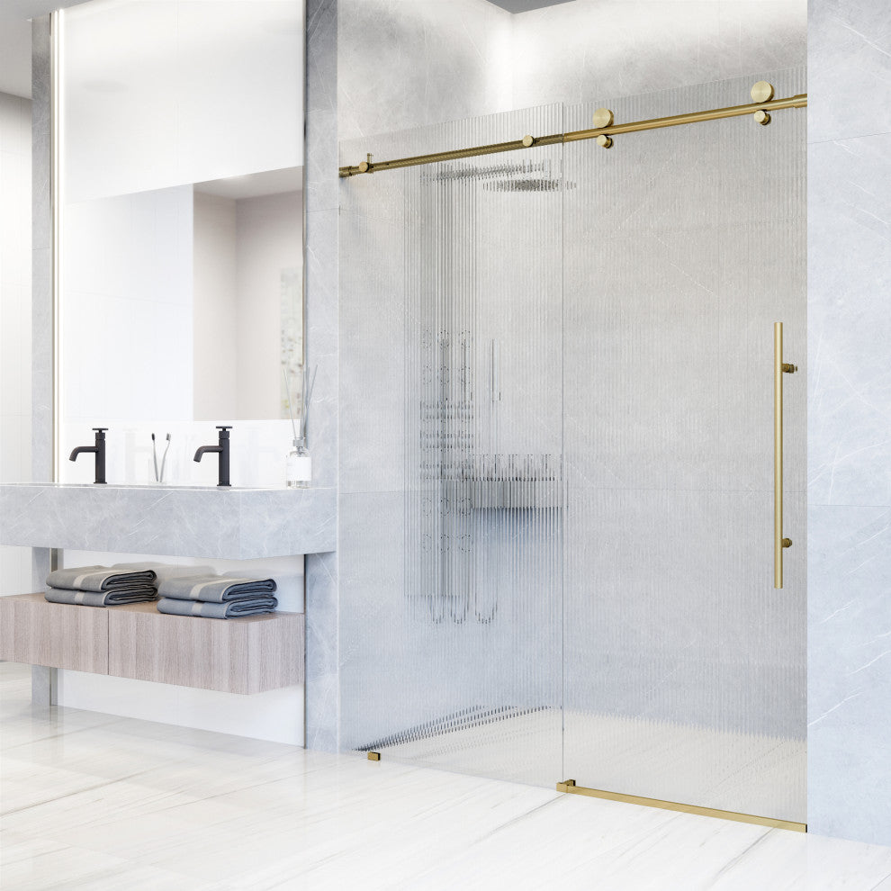 VIGO Elan E-Class 56" to 60" W x 76" H Frameless Sliding Shower Door, Matte Brushed Gold, Fluted Glass, Right
