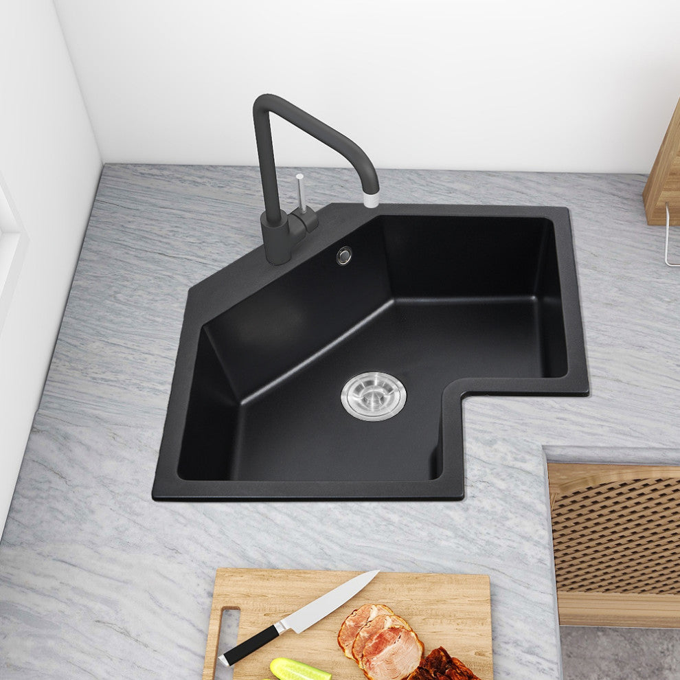 25" Drop In Corner Kitchen Sink Modern Single Bowl Quartz Irregular Sink, Black