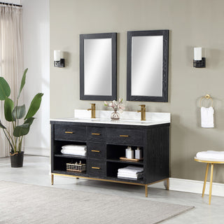 Kesia Black Oak Bathroom Vanity Set, 60", With Mirror