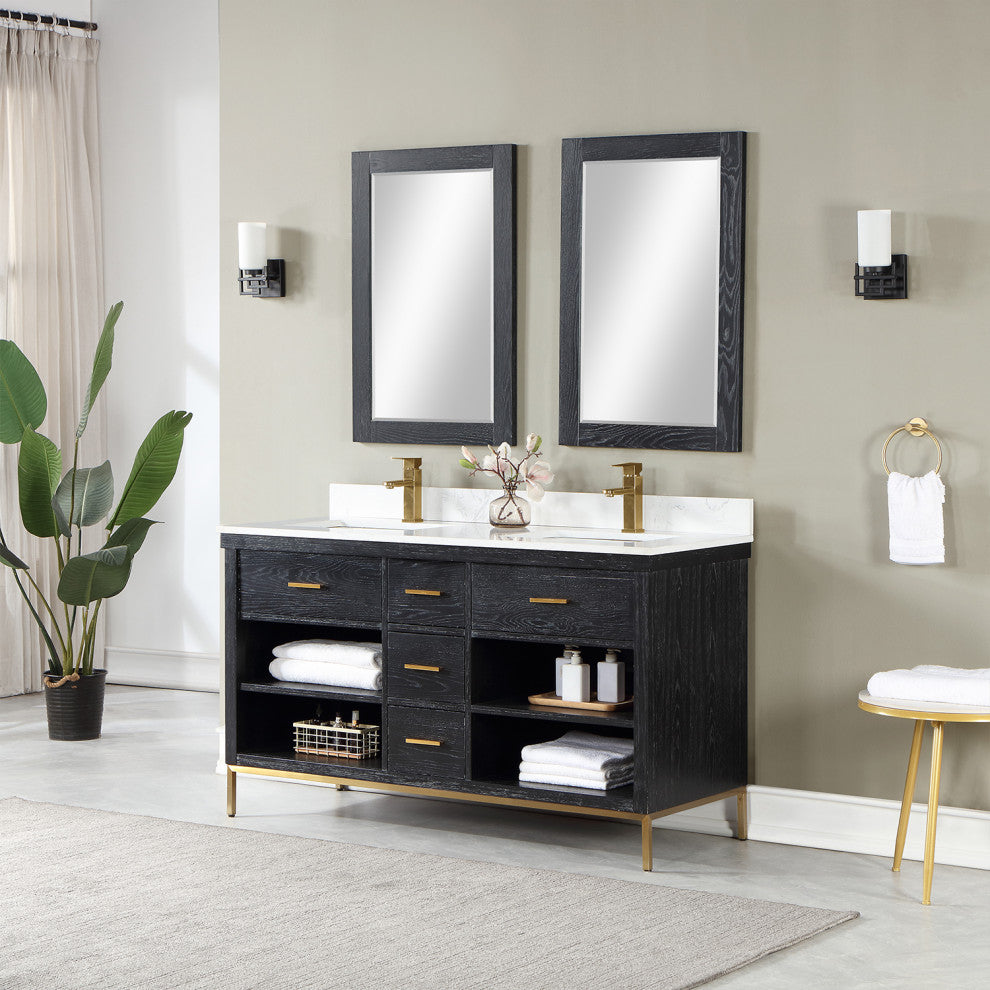 Kesia Black Oak Bathroom Vanity Set, 60", With Mirror
