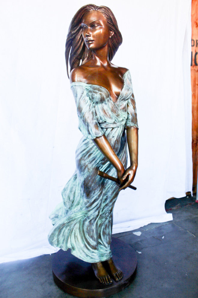 Beautifully exotic flutist women bronze statue -  Size: 34"L x 25"W x 68"H.