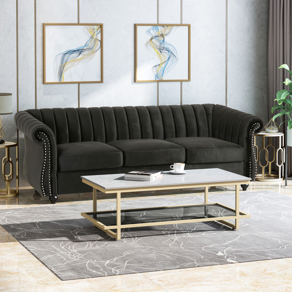 Olga Modern Glam Velvet 3 Seater Sofa, Black, Dark Brown
