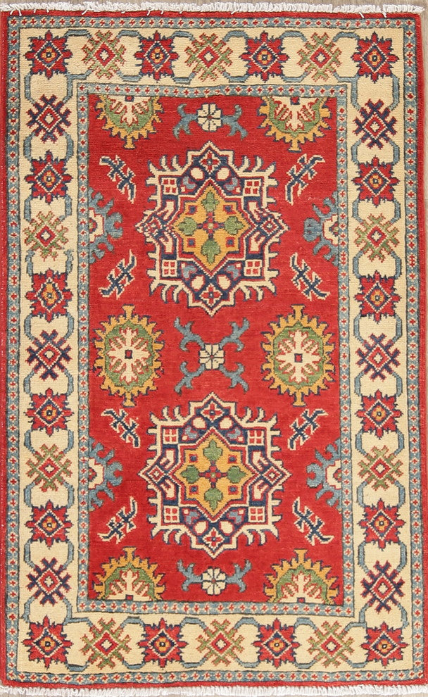 Traditional Pakistani Kazak Wool Hand-Knotted Oriental Area Rug, Red, 4'1"X2'9"