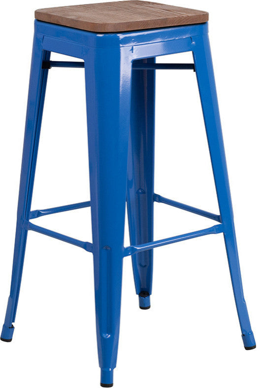 30" High Backless Blue Metal Barstool With Square Wood Seat