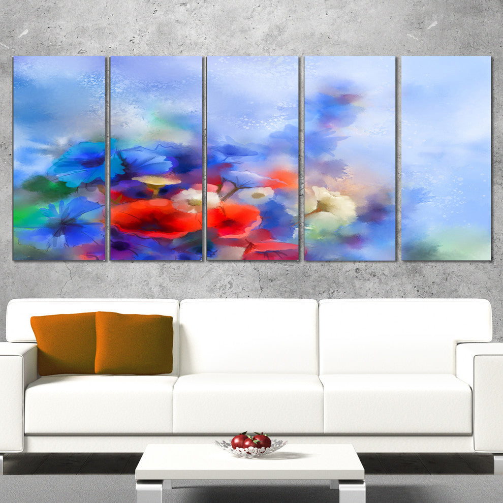 Blue Corn Flowers and Red Poppies, Floral Canvas Art Print, 60"x28", 5 Panels
