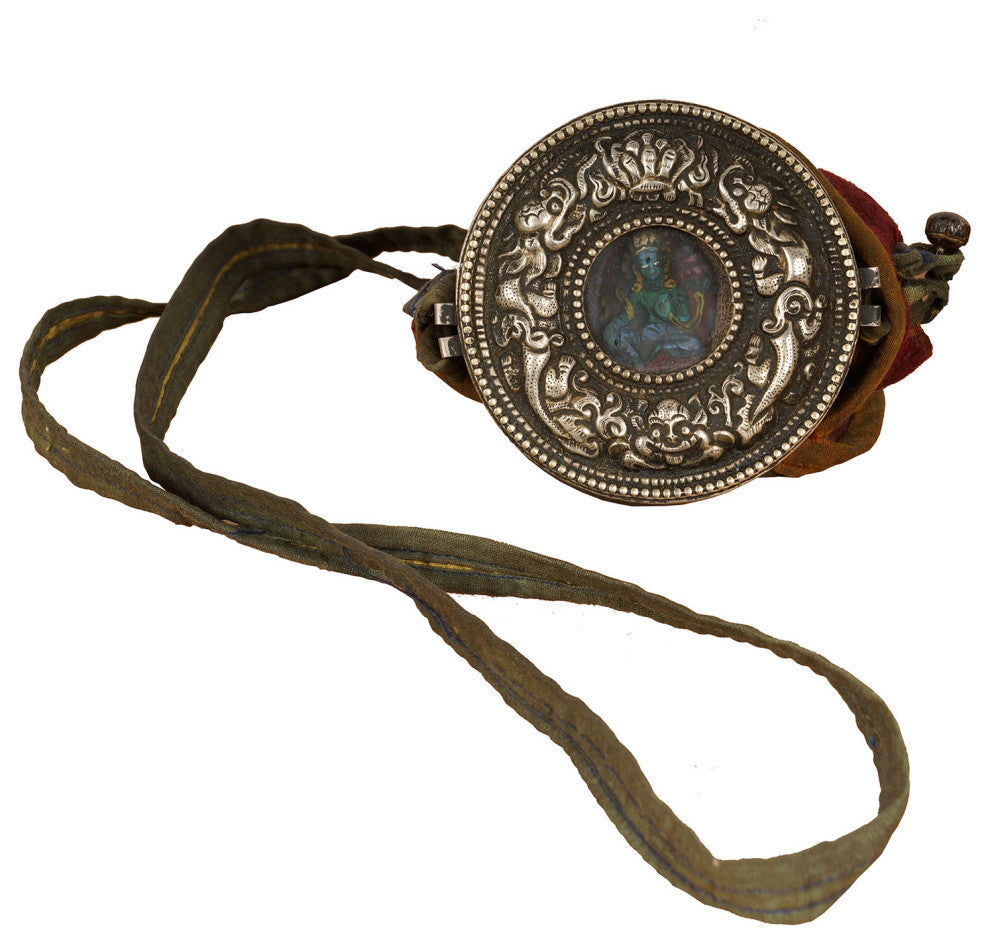 Consigned Antique Tibetan Carved Silver Turquoise Gau Ghau Prayer Box