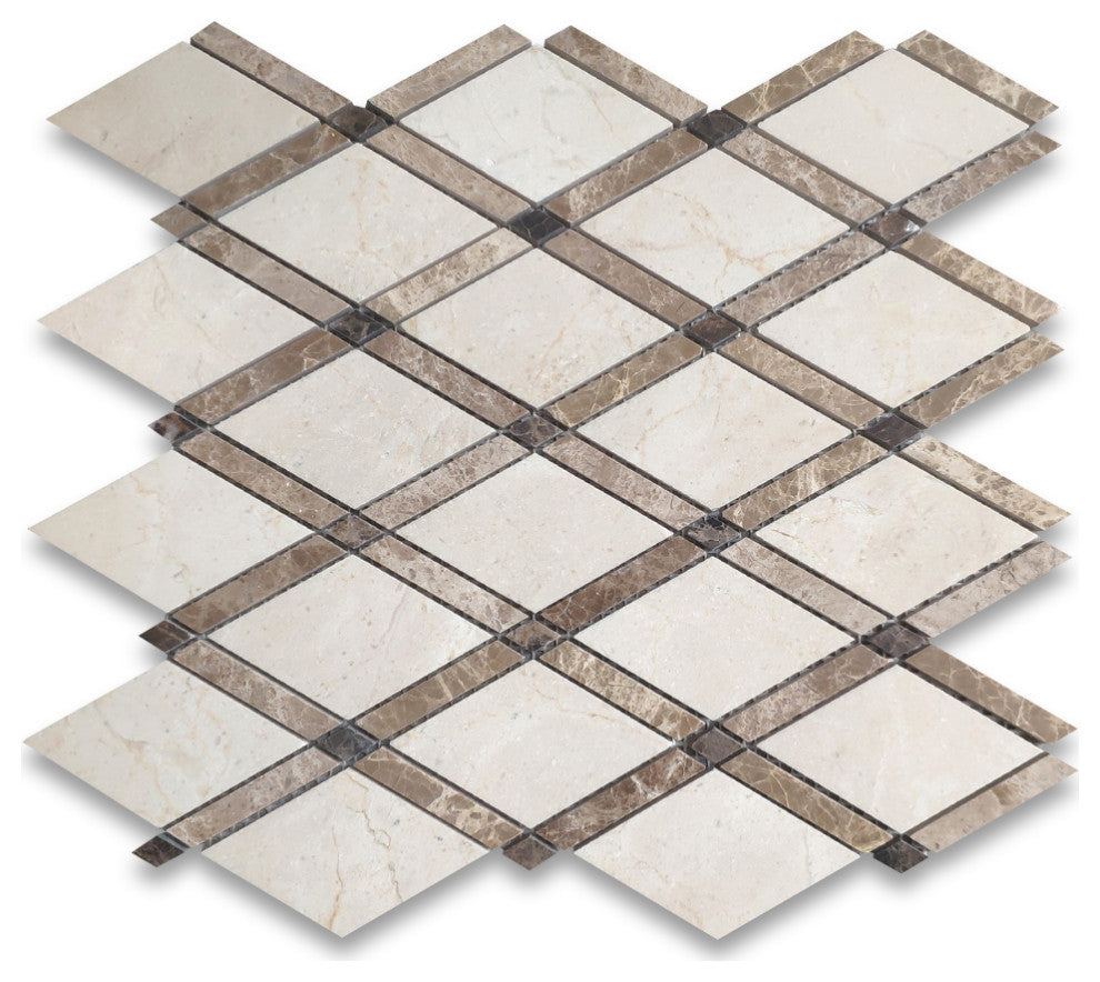 Crema Marfil Marble Diamond Lattice Tile Emperador Brown Polished, 1 sheet