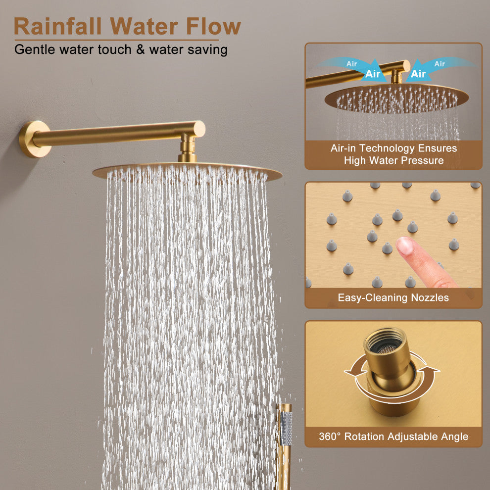 12" Luxury Rainfall Shower System with 3 Way Thermostatic Faucet, Brushed Gold