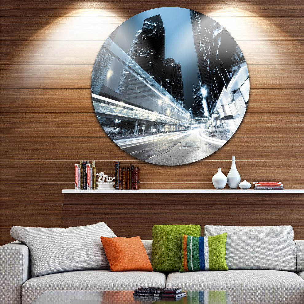 Night Traffic In Hong Kong, Cityscape Large Disc Metal Wall Art, 11"
