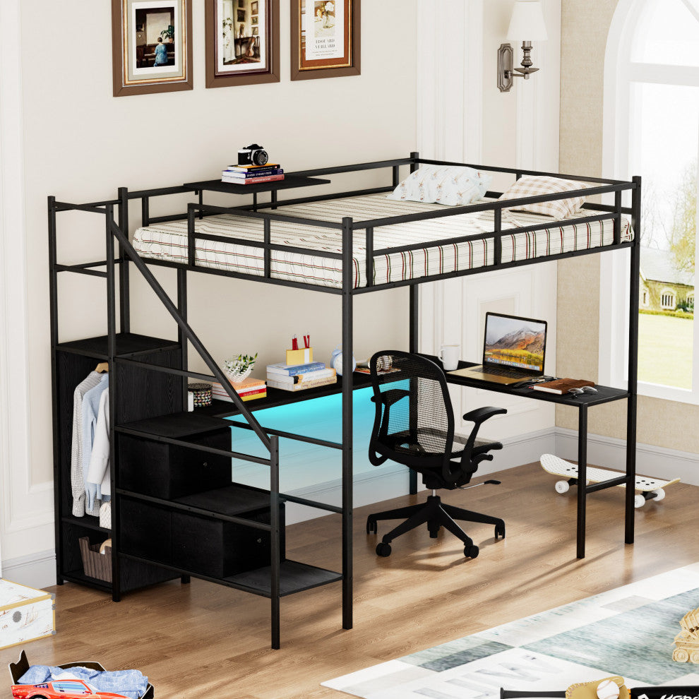 Gewnee Full Size Metal Loft Bed with L-shaped Desk
