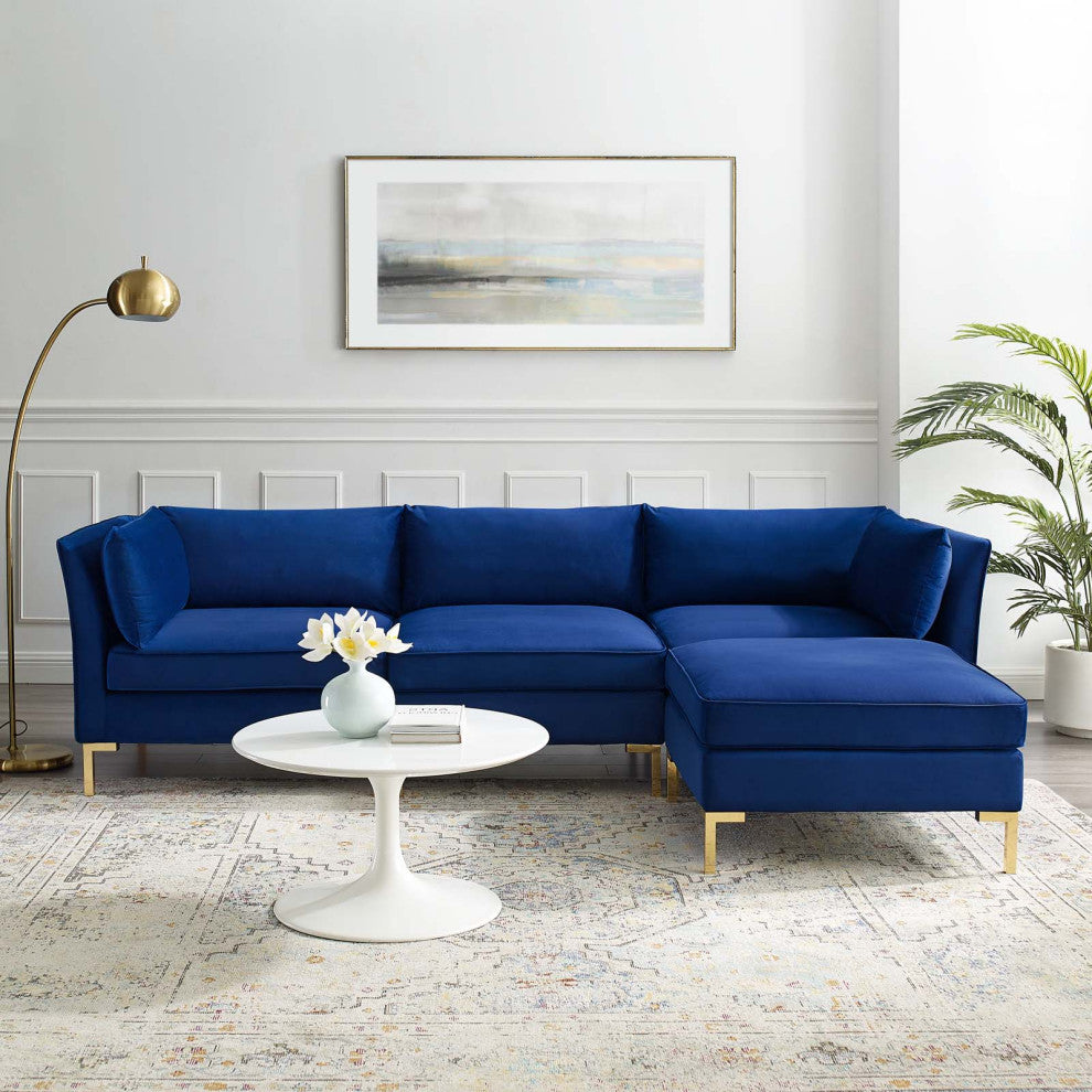 Sectional Sofa Set, Velvet, Blue Navy, Modern, Living Lounge Hotel Hospitality