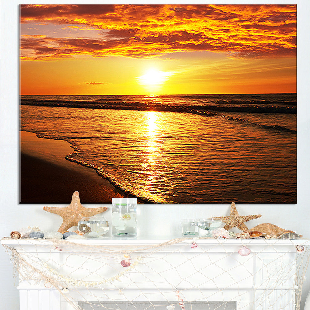 "Bright Yellow Sunset Over Waves" Modern Beach Canvas Art Print, 40"x30"