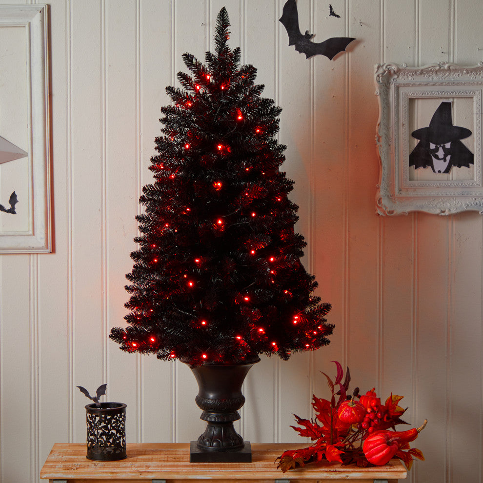 4' Black Halloween Artificial Christmas Tree, Urn With 100 Orange LED Lights