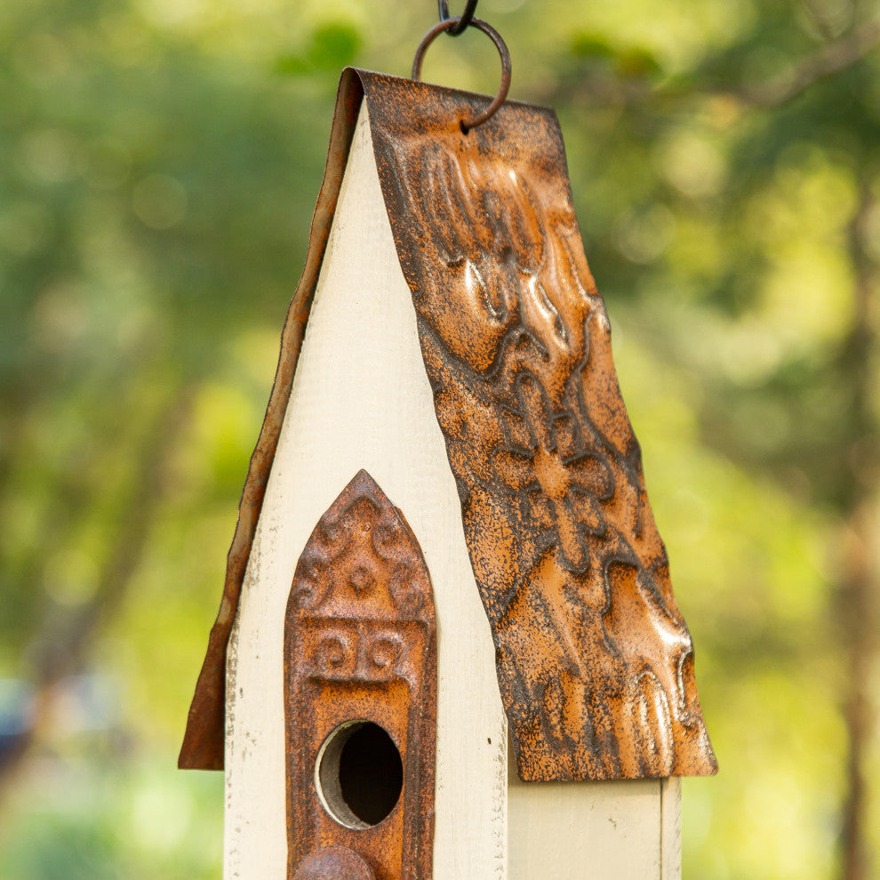 Washed White Distressed Solid Wood Birdhouse