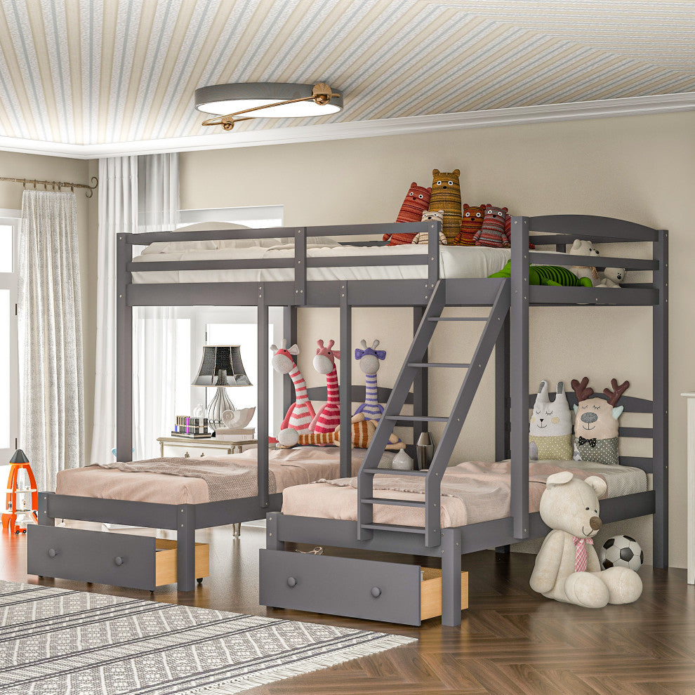 Gewnee Wood Full Over Twin & Twin Triple Bunk Bed with Drawers in Gray
