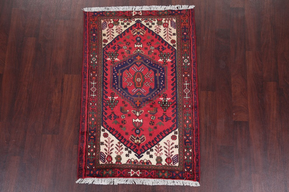 Consigned, Wool Persian Hamedan Hand-Knotted Oriental Area Rug, Red, 4'8"X3'2"