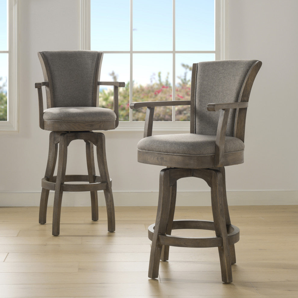 Williams Swivel Bar and Counter Stool With Armrests, Heathered Grey Linen, Counter Height
