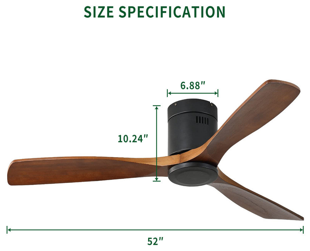 52" Solid Wood Ceiling Fan and Remote Control Reversible Blades, Matte Blck