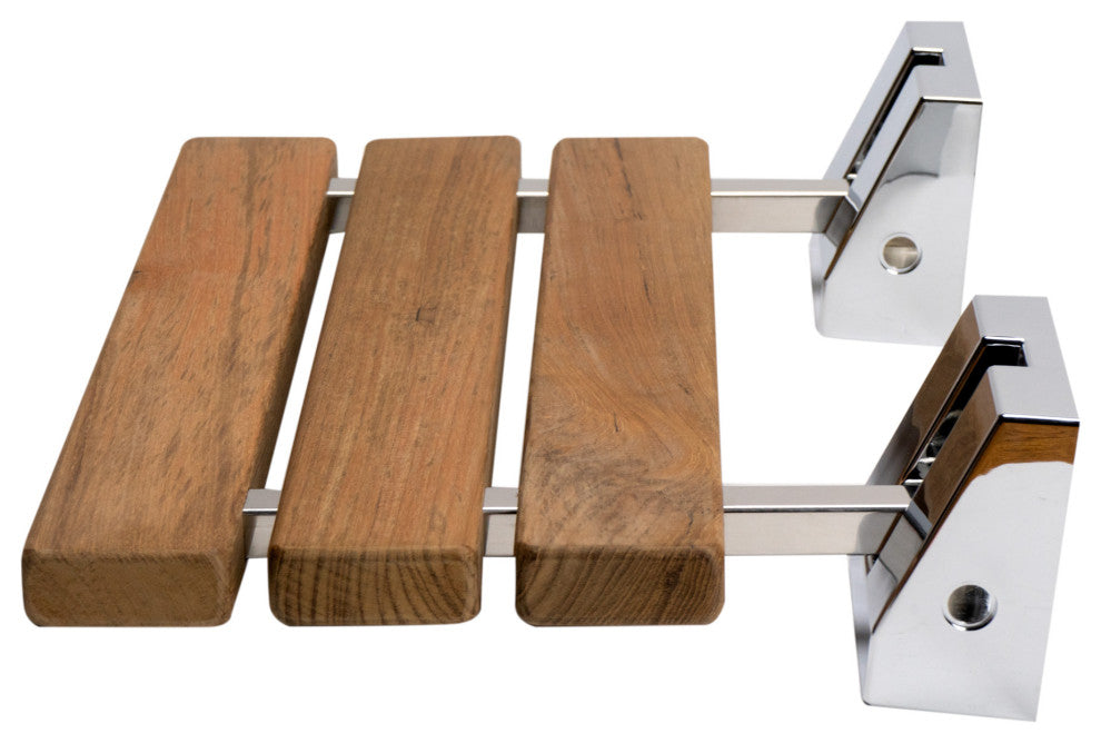 Polished Chrome 16" Folding Teak Wood Shower Seat Bench
