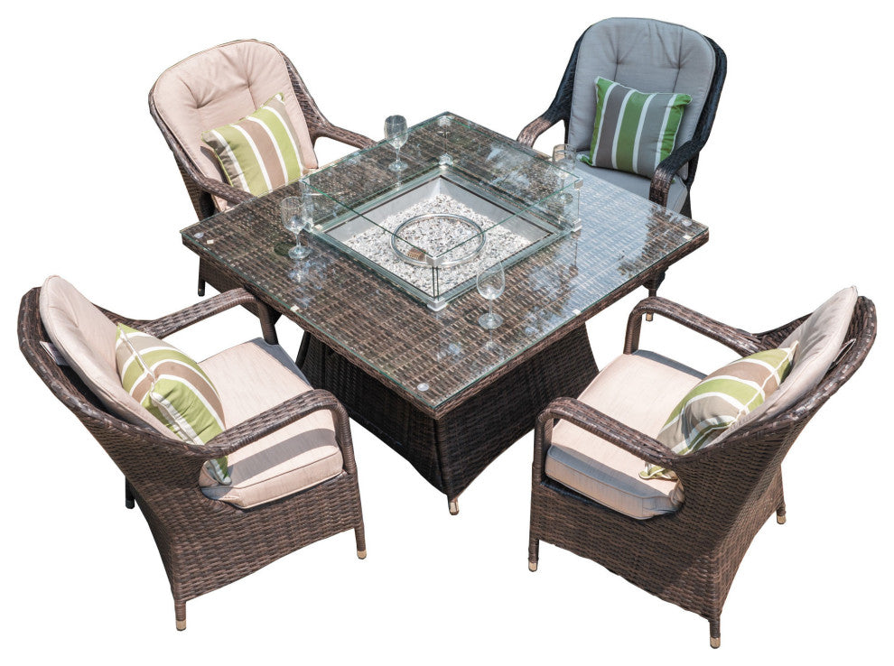 Direct Wicker 4 Seat Square Gas Fire Pit Dining Table With Eton Chair