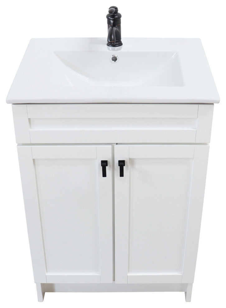 SmartFold 24" Single Sink Vanity, White With White Ceramic Top, Matte Black