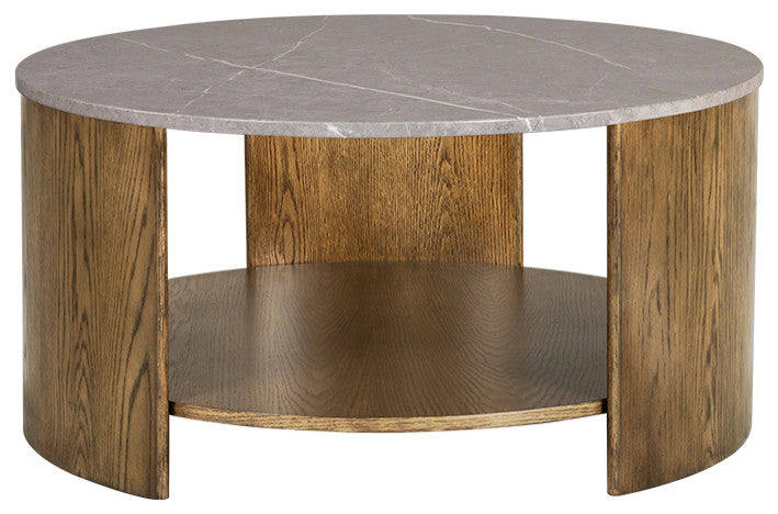 INK+IVY Keegan Round Mixed Material Coffee Table With Shelf, Oak/Marble